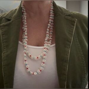 Vintage Layer Long Seed Bead Necklace Red, Green & White